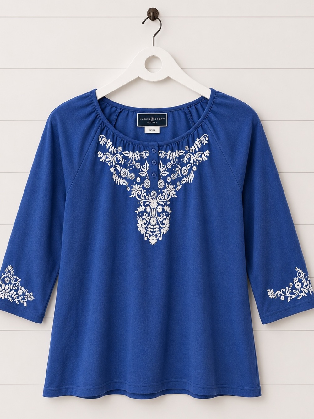 Karen Scott Royal Blue Embroidered Scoop-Neck Tunic